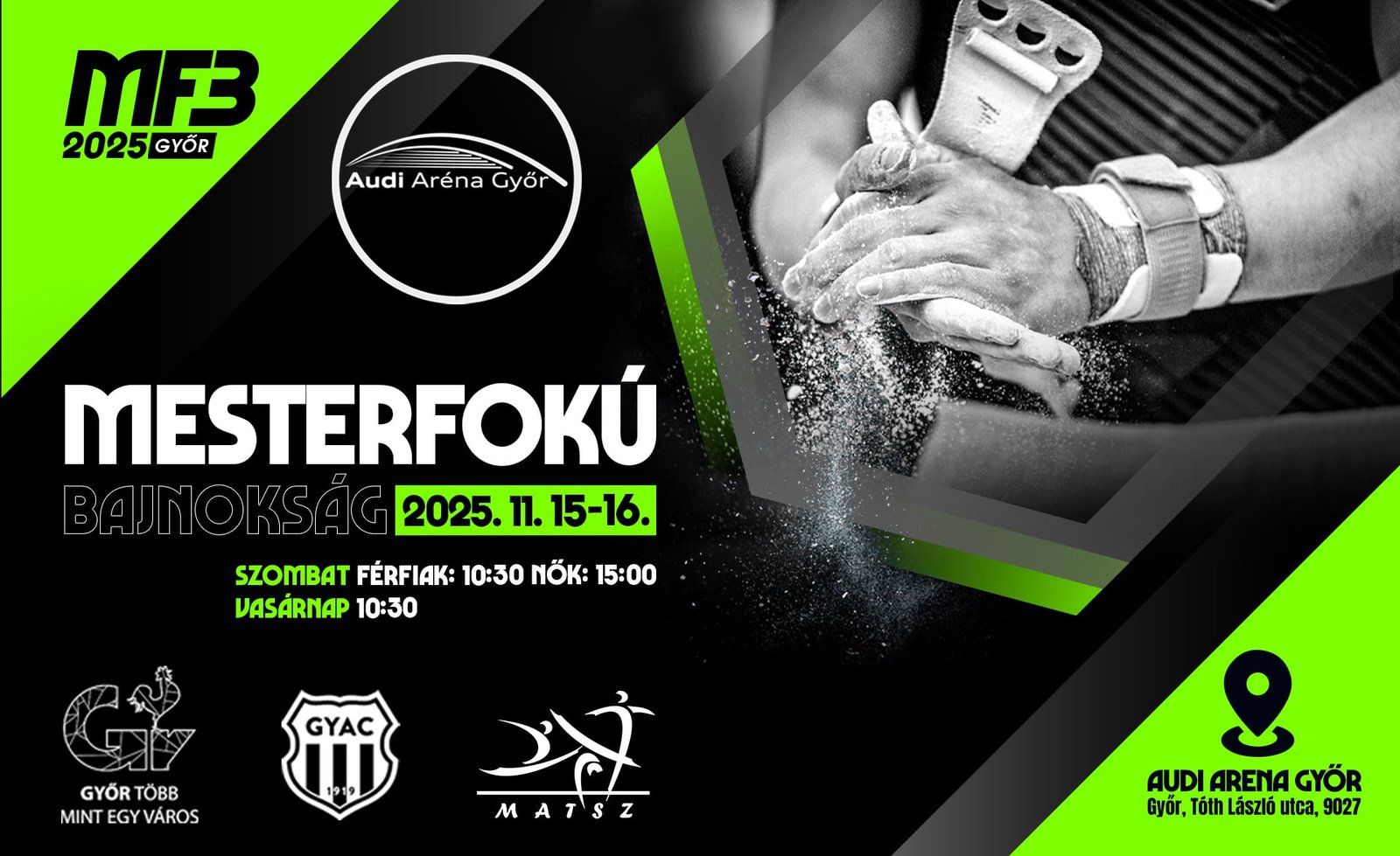 Mesterfokú Bajnokság 2025 – férfi és női tornászok versenye Győrben | Flyer: Tomcsányi Gusztáv